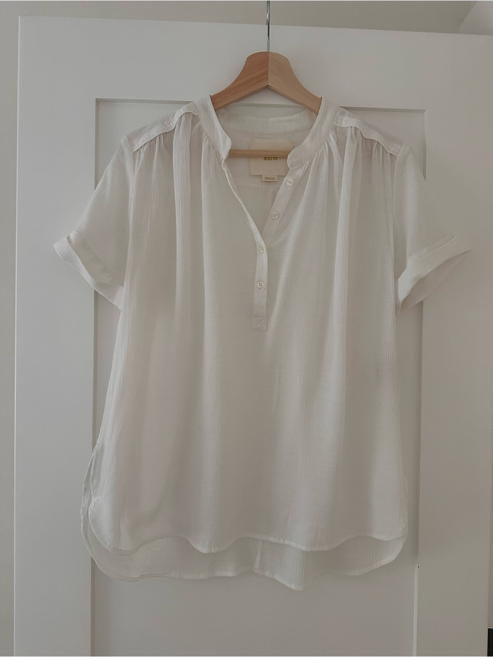 Maeve White Short-Sleeve Henley Peasant Blouse